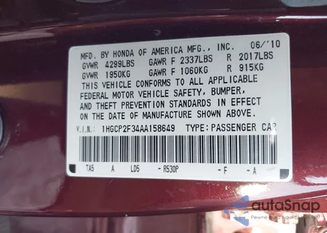 2010 Honda Accord 2.4 Lx z USA, uszkodzony, nr VIN 1HGCP2F34AA158649